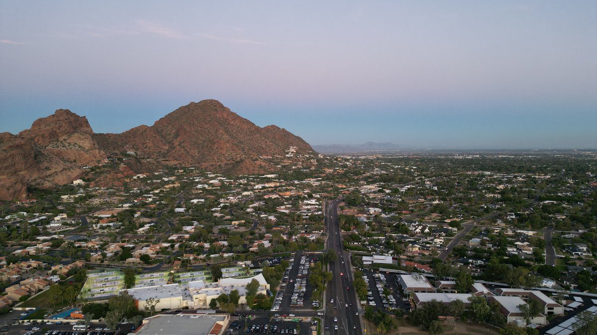 Camelback Mountain and the Phoenix valley at dusk