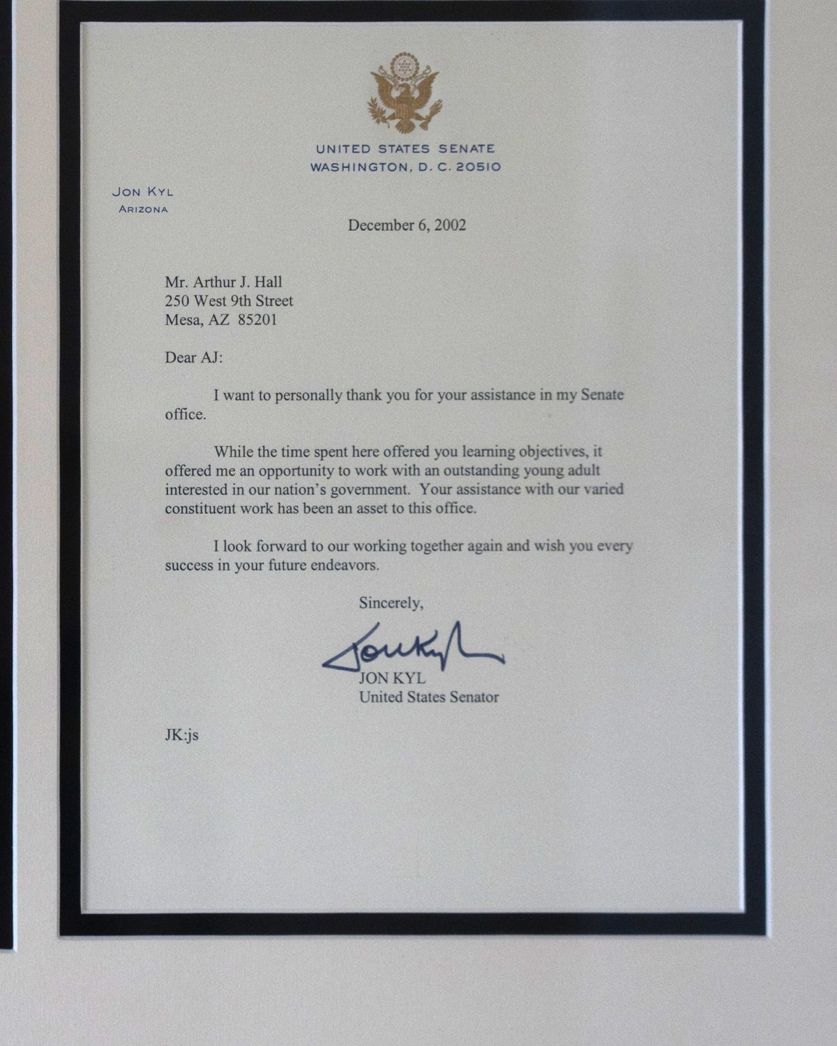 Senator Jon Kyl's letter to AJ Hall on United States Senate letterhead, dated December 6, 2002